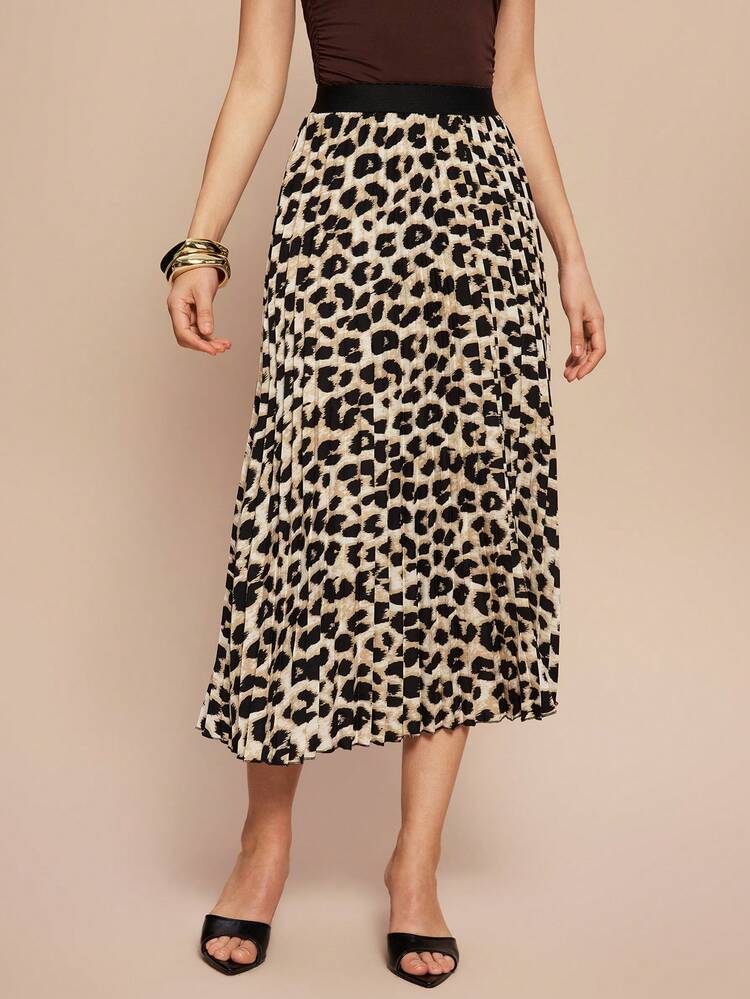 Franclia Leopard Print Pleated A-Line Casual Versatile Skirt | SHEIN