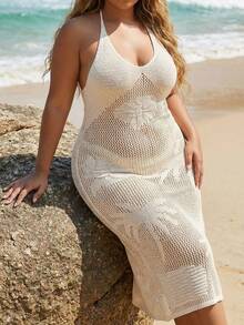 Swim Lushoire Plus Size V-Neck Tie-Up Jacquard Coconut Crab Knit Cover-Up Dress - Apricot - View 5