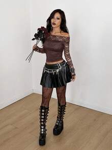 Coolane Women's Lace Off Shoulder Long Sleeve Cropped Fitted Fashion T-Shirt - Coffee Brown - View 5