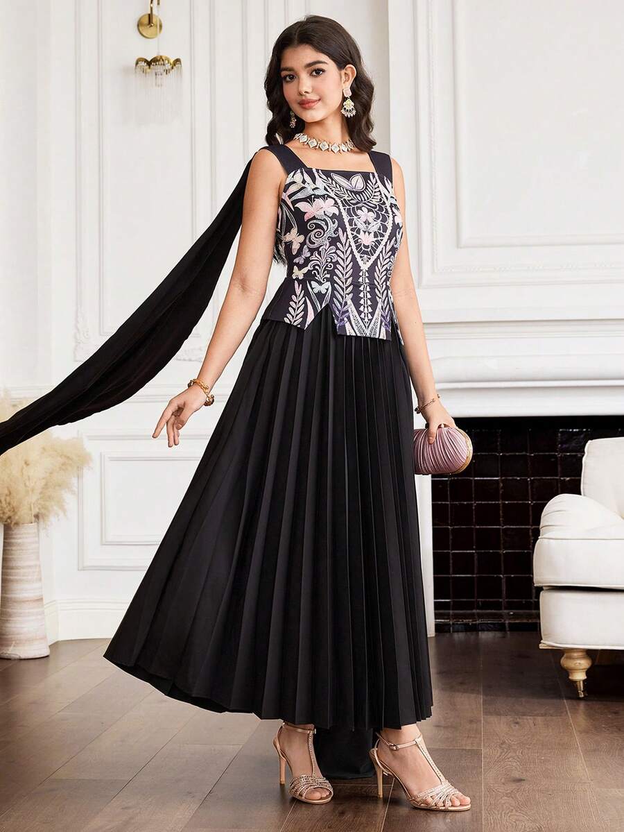 Al Najma New Design Patchwork Pleated Cinched Waist Romantic Elegant Luxury Party Dress - Multicolor - View 1