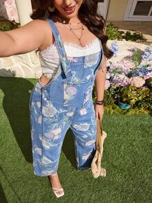 Breezaya Quần yếm denim in hoa dành cho nữ cỡ lớn, kiểu dáng thường ngày, thích hợp đi nghỉ mát, đi làm, mùa xuân/hè. - Rửa trung bình - Xem 4
