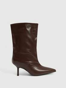 Daringsoles 女士尖头中筒靴，细跟，宽筒，酒红色，简约时尚，秋冬款 - 棕色 - 查看 1