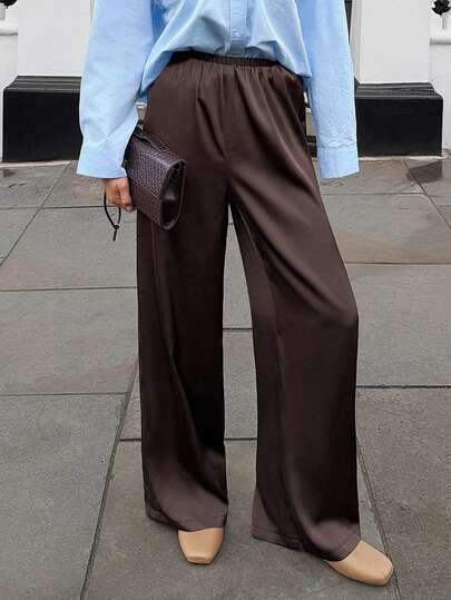 Siren Gaze New Spring Style Chocolate-Colored Satin Wide-Leg Trousers With A Drape, Elastic Waist, Suitable For Women, Flattering And Versatile Straight-Leg Pants For Both Casual And Work Occasions. Brown