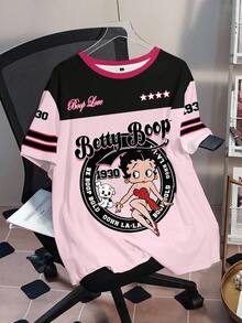 Betty Boop x SHEIN Plus Size Color Block Letter & Cartoon Figure Graphic Round Neck Short Sleeve T-Shirt - White - View 3