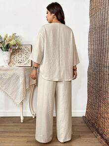 EMERY ROSE Plus Size Linen-Like Texture Round Neck 3/4 Sleeve Loose Shirt + Elastic Waist Straight Leg Loose Pants 2 Pieces Set, Casual Commute Elegant Outgoing Holiday Party Outfit - Apricot - View 2