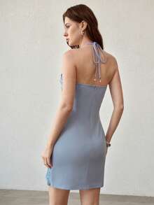 MOTF PREMIUM WOMEN'S HALTER TASSEL WAIST CINCHED SLIM FIT SHORT DRESS - Blue - View 3