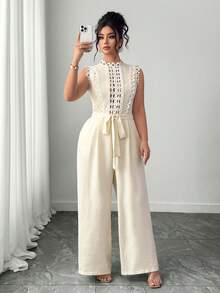 Elenzga 大码女式新款优雅撞色蕾丝阔腿休闲连体裤，适合外出和度假 - 杏色 - 查看 5