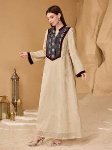 SHEIN Najma 优雅奢华刺绣面料拼接刺绣工艺领口宽松奢华女装 - 杏色 - 查看 5