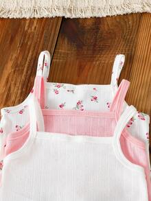 SHEIN 3件套女婴甜美针织提花花卉图案吊带背心和荷叶边短裤套装，适合度假和日常休闲穿着 - 粉色 - 查看 6