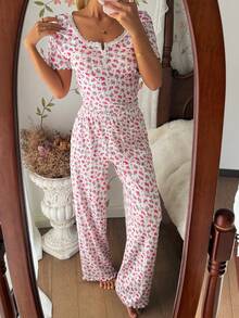 CottageSlumber 2 piezas Conjunto de pijama de manga corta con estampado floral romántico - Blanco - Ver 6