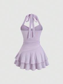 Sweetra Women's Cute Purple Summer Holiday Vacation Mini Dress,Elegant Textured Halter Neck Tie Front Ruched Metallic Decor Tiered Ruffle Hem Playful Dress - Purple - View 2