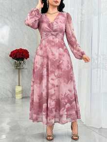 Modelyn 女士优雅印花扭结前襟灯笼袖连衣裙，秋季 - 藕粉色 - 查看 4