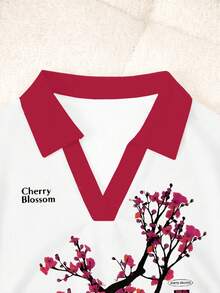 女士字母条纹印花 Polo 领短袖休闲上衣 - 白色 - 查看 4