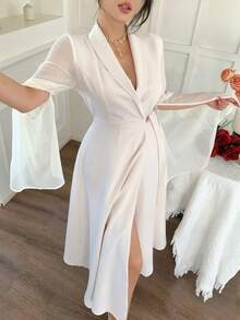 DAZY Women's Lapel Side Tie Waist Elegant Long Suit Dress, Casual & Chic - Apricot - View 7