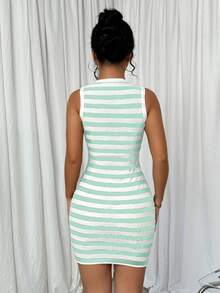 女士休闲条纹无袖修身迷你连衣裙 - 綠色 - 查看 2