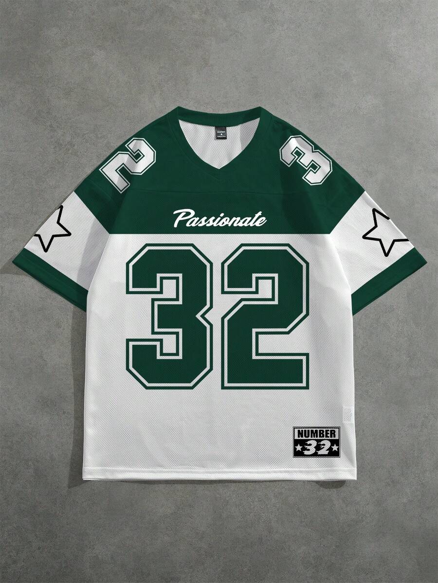 Aesthetic Post 男士 Y2K “32” 图案短袖 V 领 T 恤，夏季上衣 - 彩色 - 查看 1