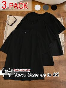 SHEIN CURVE+ 3pcs/Set Plus Size Summer Loose Fit Crew Neck Versatile Short Sleeve T-Shirts In White, Black And Gray,Curve Plus ,Hoho Vacation, Summer Tops - Black - View 1