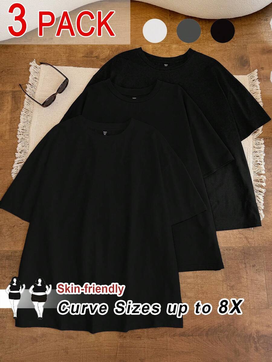 SHEIN CURVE+ 3pcs/Set Plus Size Summer Loose Fit Crew Neck Versatile Short Sleeve T-Shirts In White, Black And Gray,Curve Plus ,Hoho Vacation, Summer Tops - Black - View 1