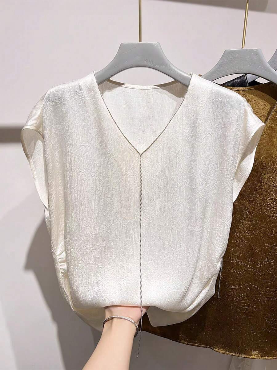 GlowEve Blouse décontractée ample à col V et manches courtes pour femmes, couleur unie - Blanc - Voir 1