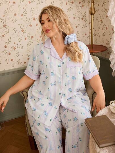 Romantic Floral & Bow Print Lapel Button Front Comfortable Woven Plus Size Pajama Set