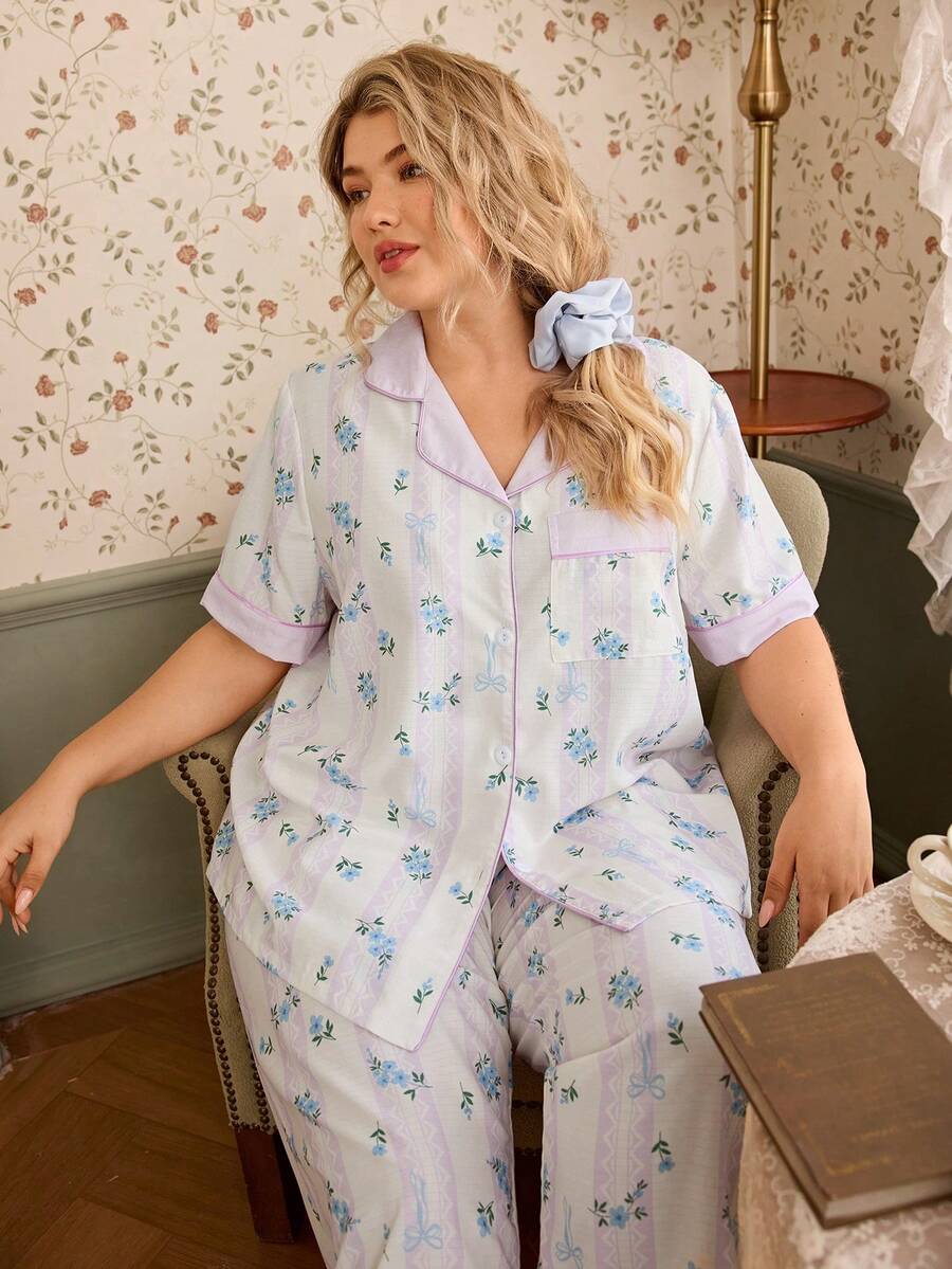 CottageSlumber Romantic Floral & Bow Print Lapel Button Front Comfortable Woven Plus Size Pajama Set - Multicolor - View 1