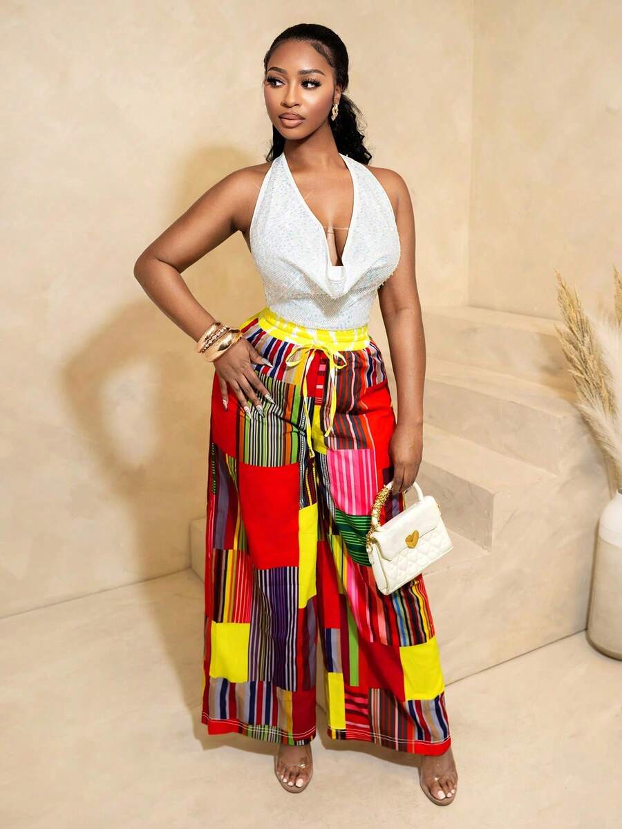 SHEIN BamGlam 女士新款春夏条纹印花直筒裤，海滩度假的完美之选 - 彩色 - 查看 1