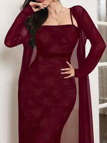 Modelyn Bộ 2 món gồm áo khoác lưới dài tay màu trơn và váy hai dây đuôi cá cho nữ, thích hợp cho mùa thu. - Màu Đỏ Sâu - Xem 3