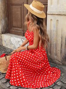 Pariaura Đầm slip chấm bi kiểu Pháp dành cho nữ - Đỏ - Xem 5