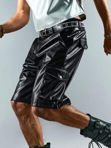 ROMWE MEN Street Life Męskie szorty casualowe ze skóry PU w jednolitym kolorze z kieszeniami ukośnymi - Czarne - Zobacz 5