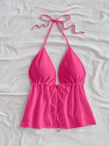 Soleia Women's Casual Halter Tie-Back Sleeveless Tank Top, Suitable For Summer - Watermelon Pink - View 3