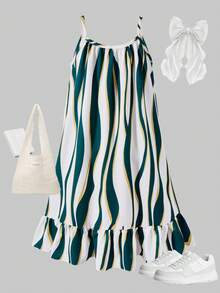 SHEIN ChillGrl 女童不对称波浪条纹印花无袖连衣裙，舒适休闲宽松 A 字拼接荷叶边下摆连衣裙，适合春夏日常休闲穿着 - 彩色 - 查看 2