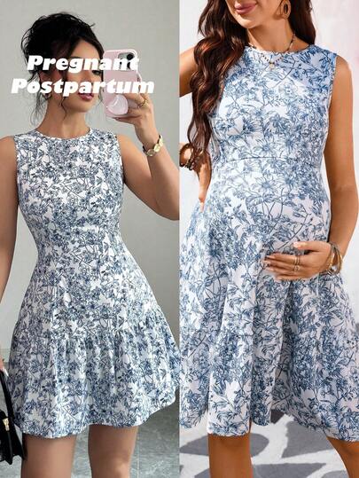 SHEIN 孕妇碎花圆领无袖荷叶边下摆休闲连衣裙