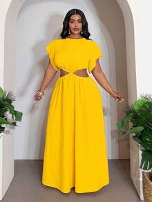 Veslaya 2026 Spring/Summer Plus Size Women's Music Festival, Easter, Western, Nomadic, Birthday Party, Graduation, College, Student, Daily Casual, Basic, Leisure, Vacation, Cruise Travel, Beach, Sunbathing, Trending, Streetwear, Wedding Guest, Commute, Brunch, Airport, Party, Holiday Outing, Elegant Gala, Ball, Casual, High-End Elegant Yellow Crinkle Cutout Waist Round Neck Short Sleeve A-Line Dress, Women Plus Size Dress - Yellow - View 4