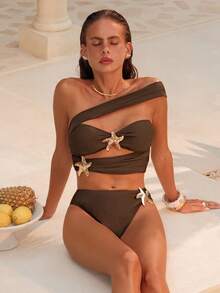 Swim Chiccia 2026 Spring/Summer Asymmetric Gold Starfish Asymmetrical Side High Cut Women's Elegant Bikini Swimwear 2 Pieces Set Sexy Swimwear Brown Two Pieces Set Brown Bikini Set Star Bikini Brown Swimwear Women - Brown - View 6