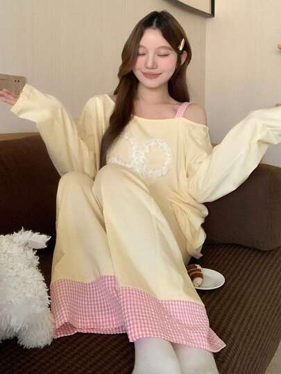 DAZY Cute 3D Ruffle Bow Decor Oblique Shoulder Women Pajama Set