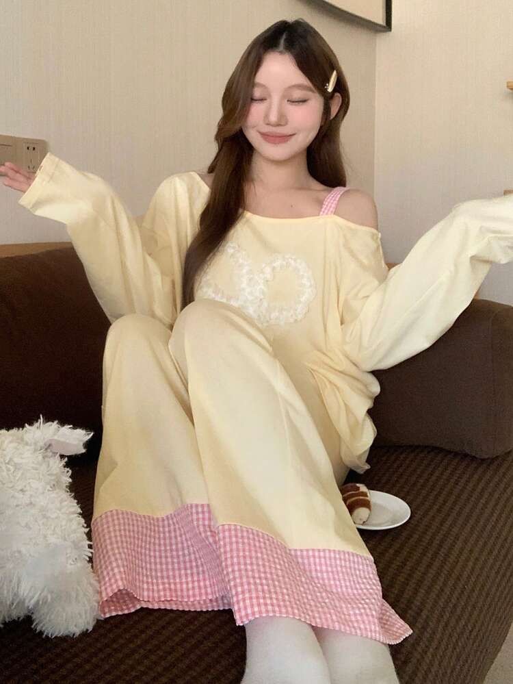 Cute 3D Ruffle Bow Decor Oblique Shoulder Women Pajama Set