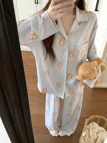 DAZY Bear Print Loose Women Pajama Set - Light Grey - View 1
