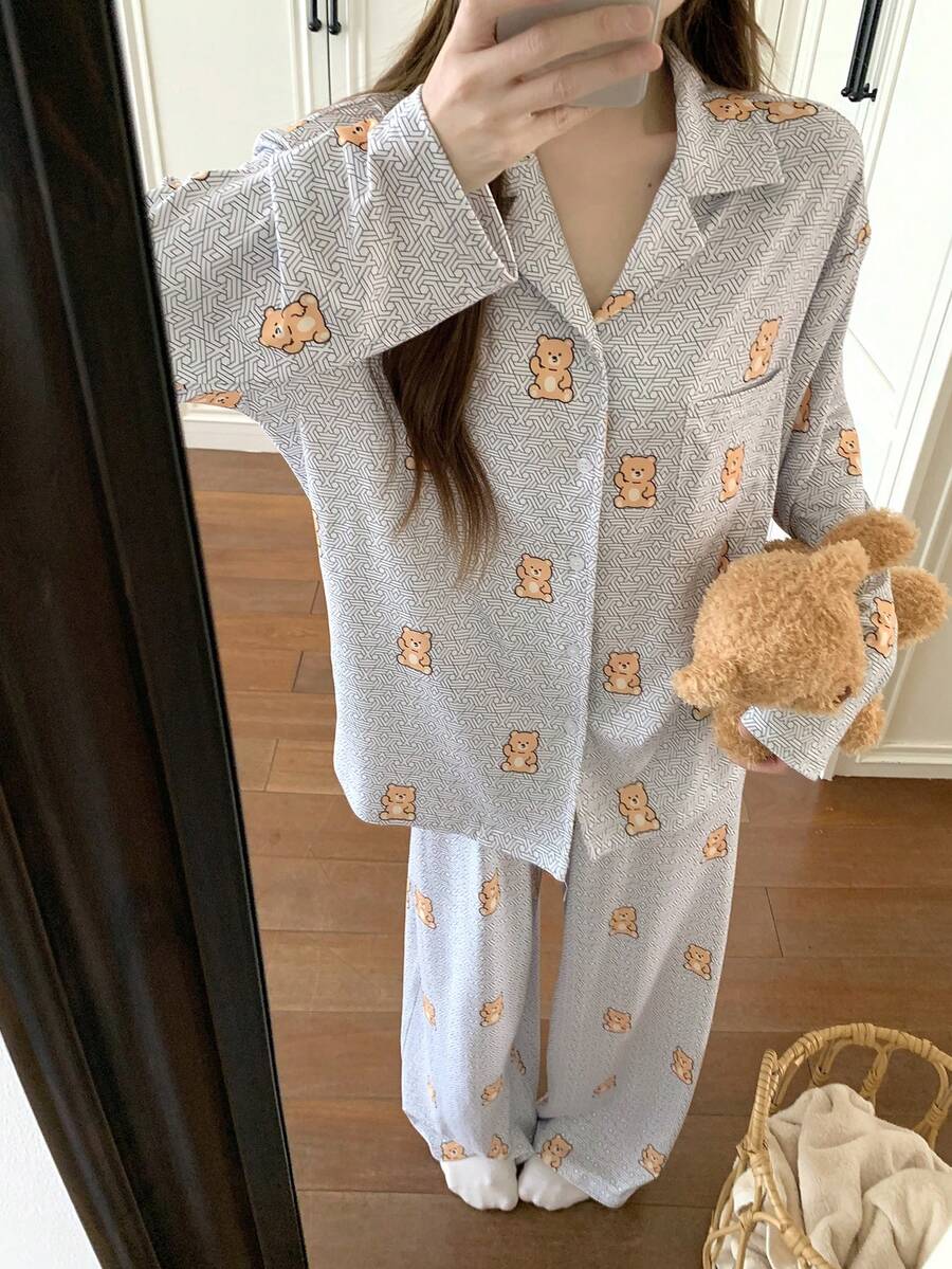 DAZY Bear Print Loose Women Pajama Set - Light Grey - View 1