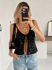 Siren Gaze 女士时尚亮片吊带针织上衣，夏季 - 黑色 - 查看 7