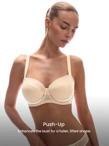 LUVLETTE Underwire Lightly Lined Nude Mesh Lace Push-Up Support Invisible Sheer Minimizer  Lingerie Bra - Apricot - View 5