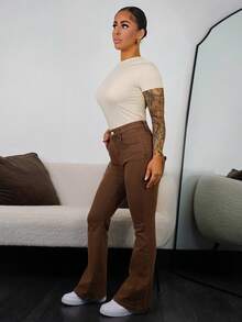 SAYEHFBABY Women's High Waist Pocket Flare Casual Versatile Jeans - Coffee Brown - View 5