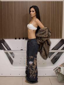 Vintage Street Chic Chinese Style Tiger & Floral Embroidered Loose Wide Leg Low Waist Jeans, Unisex - Blue - View 6