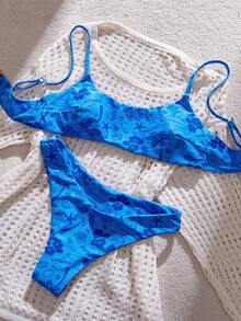 Swim Mod Conjunto de bikini de 2 piezas con tirantes finos y espalda descubierta, con estampado, de estilo de vacaciones en la playa de moda para primavera/verano 2026 para mujeres - Azul - Ver 4