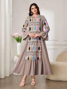 SHEIN Najma 优雅中长袖纽扣装饰宽松休闲连衣裙，女士款 - 卡其色 - 查看 3