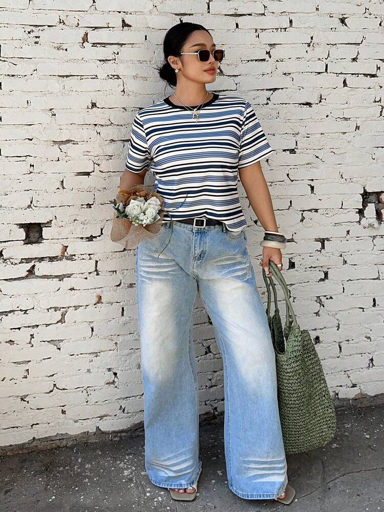 Dazy Plus Color Block Patchwork Round Neck Striped Short Sleeve Street Style Plus Size T-Shirt For Women, Spring/Summer