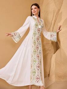 SHEIN Najma Elegant Luxurious Embroidered Long Sleeve Dress, Exquisite Craftsmanship, Sophisticated Style - White - View 4