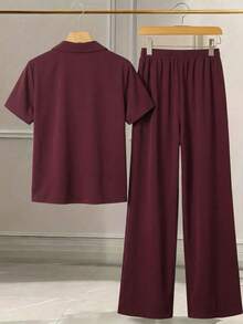 Franclia 女士优雅两件套：短袖衬衫，松紧腰抽绳裤 - 紅色 - 查看 7