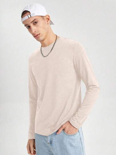 SWAVVY Solid Color Round Neck Casual Loose Daily Versatile Knit Long Sleeve T-Shirt Cream Top Men Long Shirts Men Full Sleeve Tshirt Men's Long Sleeve T-Shirt Men Knit Tops