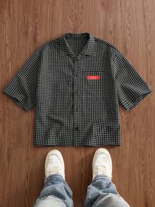 SWAVVY Men's Fashionable Plaid Short Sleeve Shirt, Spring/Summer - Black - View 1