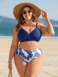Swim Lushoire Plus Size Women's Solid Color Spaghetti Strap Fashionable Bikini Swimwear Set - Multicolor - View 6